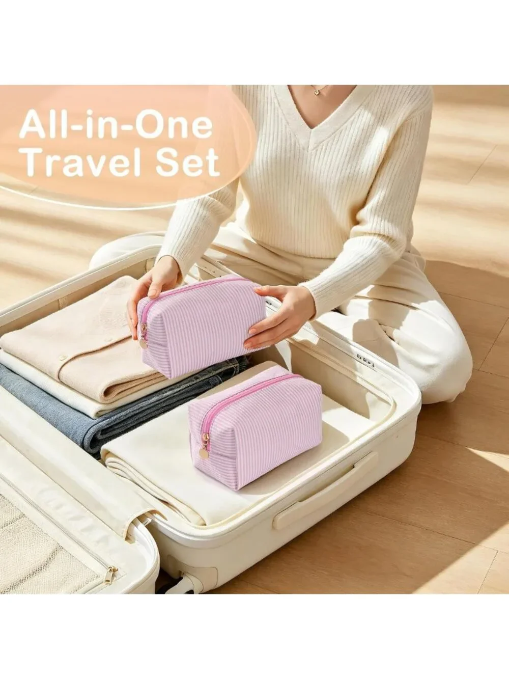 4PCS Travel Makeup Bag Set, Striped Seersucker Cosmetic Pouches, Cute Toiletry